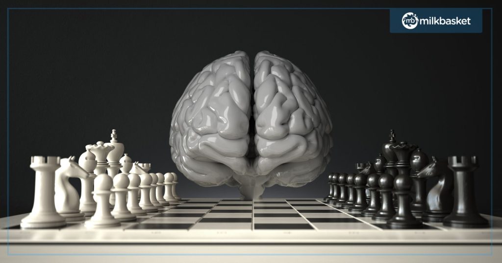 A visual representation of a chessboard with a fake human brain in the centre 