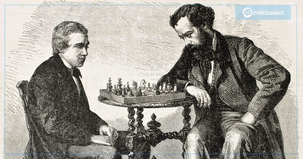 An old pencil sketch of 2 men from olden days playing chess