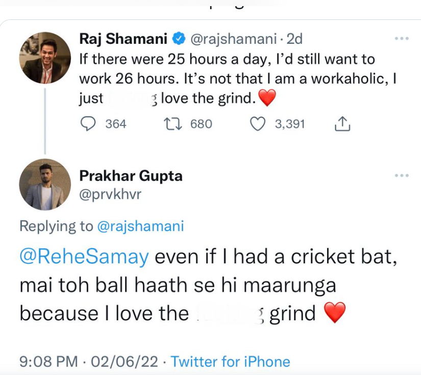 Raj shamani viral tweet, workaholic love the grind,