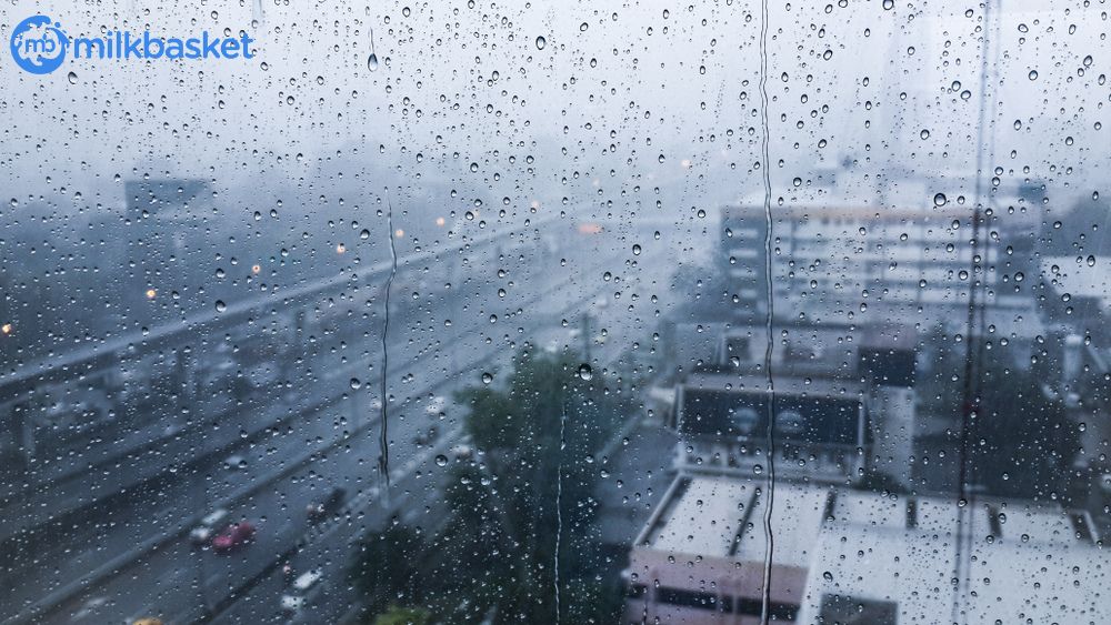 Image of a monsoon window in a city with water droplets during the rain
