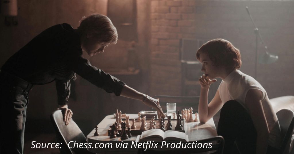 Anya Taylor-Joy in a chess still from Queen's Gambit - shows with female lead characters