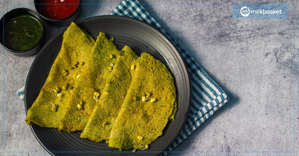 green gram chilla or green moong dal cheela made at home for breakfast