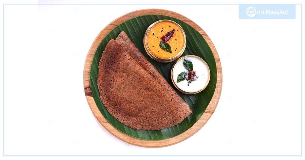 healthy indian style brakfast - buckwheat and barnyard millet crepe. kuttu and samak rice dosa