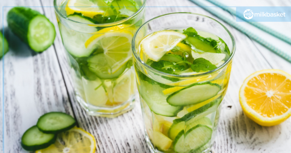 Two glasses of refreshing cucumber mint lemondate perfect for a hot summer day.

