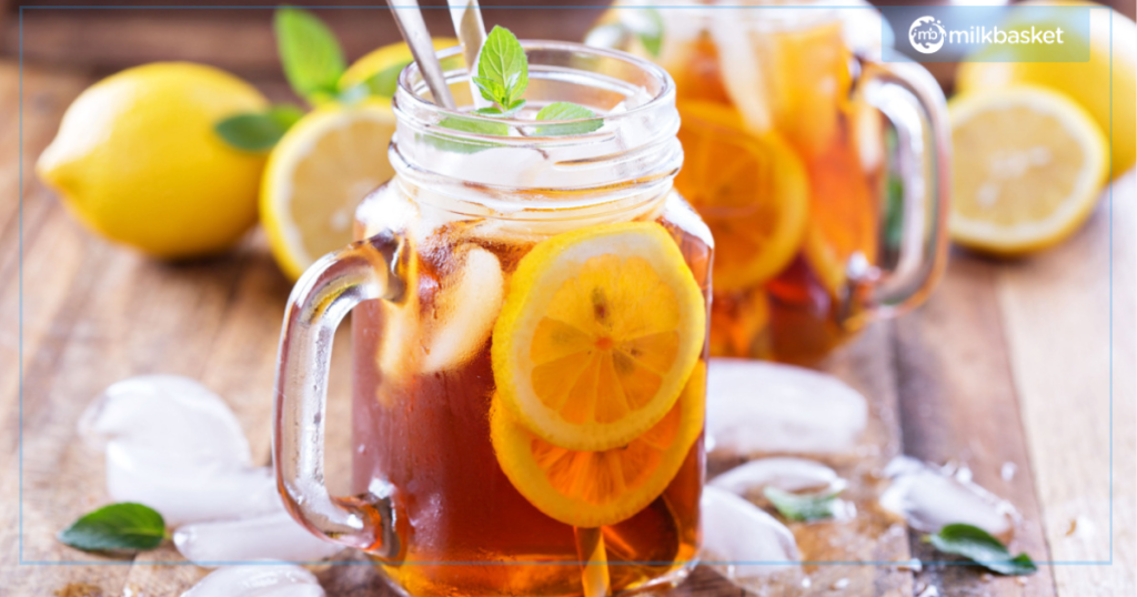 Refreshing iced tea in mason jar, ideal for cooling down on a hot day.