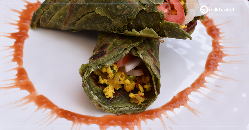 yummy paneer bhurji spinach kathi roll for school kids