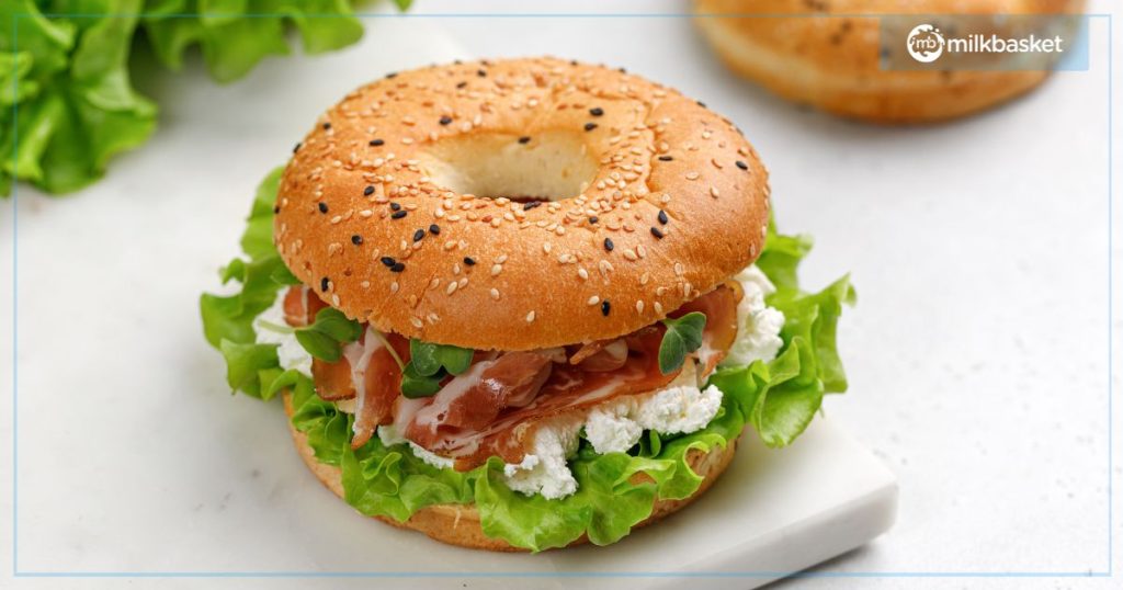 A Bagelwich on a white table background