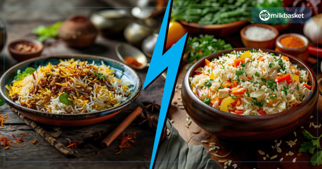 A bowl of vegetable biryani and a bowl of pulao kept on a wooden table 