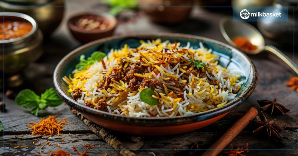 A bowl filled with vegetable biryani kept on the wooden table with different spices