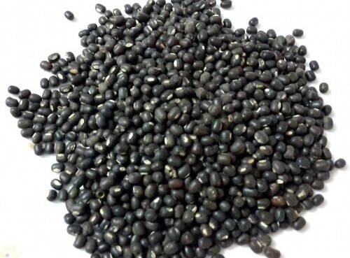 A pile of black urad dal beans, an essential ingredient for healthy dal recipes, scattered on a plain surface