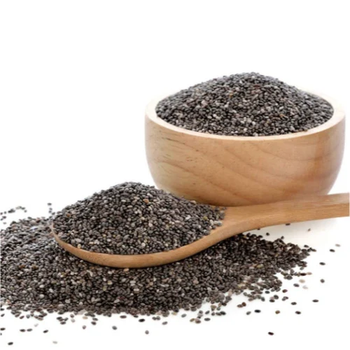 A wooden bowl and spoon filled with chia seeds, a powerful vegetarian protein source