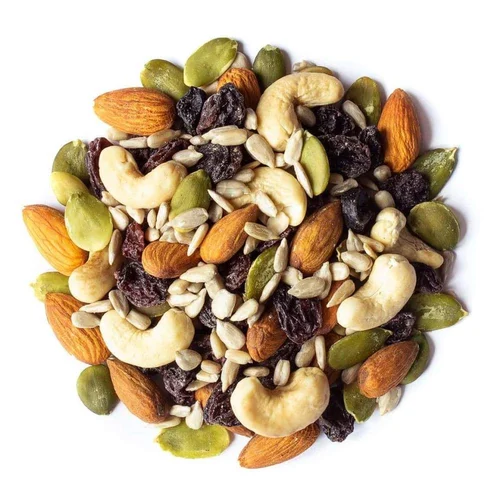 A collection of nuts and seeds, including almonds, cashews, raisins, and pumpkin seeds, a healthy and energy-rich option for fasting on Janmashtami 2024.