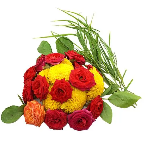 Vibrant flower garlands made of marigold and roses, an essential puja item for decorating the idol