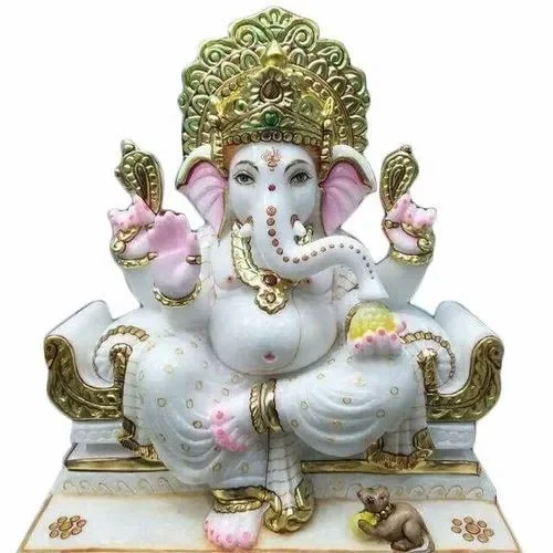 Elegant marble Ganesh idol with intricate gold detailing, a Ganesh Chaturthi essential puja item for worship.